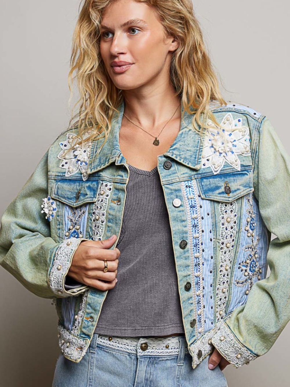CRAZY Beautiful! POL Pearl/Stud Embroidered Denim Jacket